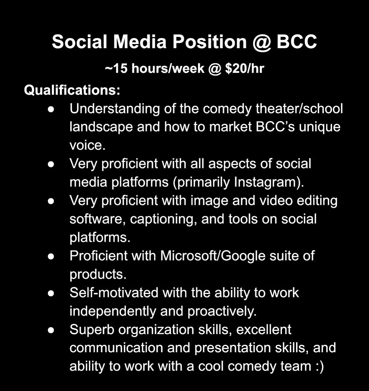 We love you Instagram. We&rsquo;re hiring 🤓! 
Apply to work on socials @ BCC 🫡 
Email to apply: info@brooklyncc.com