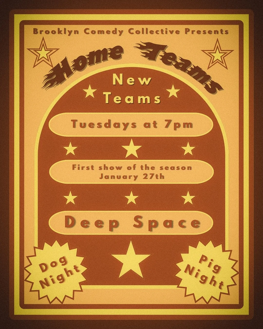 From the sick and twisted minds that brought you Home Teams 2025, get ready for Home Teams 2026. Come down to the BCC Deep Space every Tuesday night @ 7pm to see the best indie improv teams Brooklyn has evah seen!!