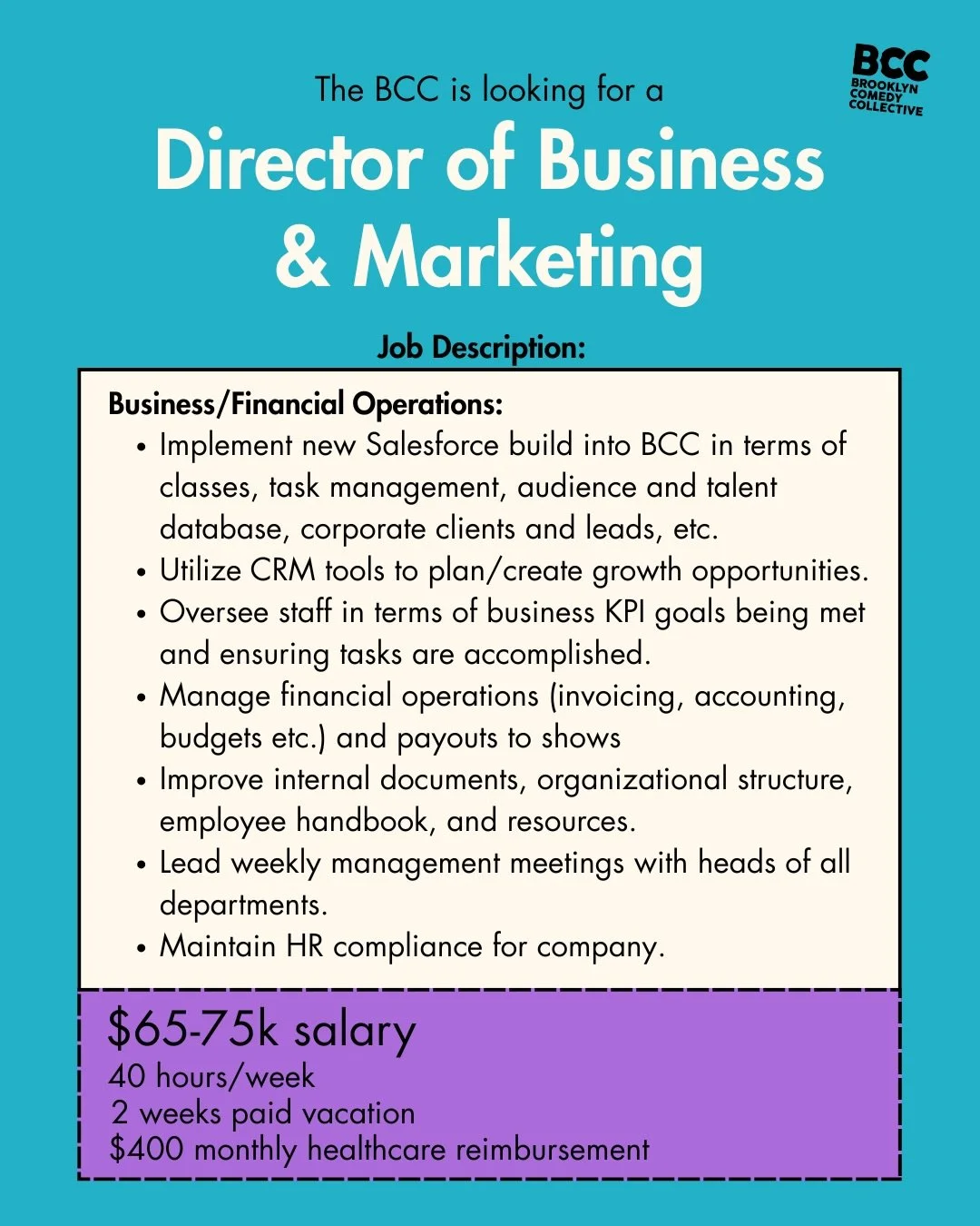 The BCC is looking for a Director lf Business &amp; Marketing! 📈🗄️📎🕴️Is this you? Apply now by sending a letter and resume to info@brooklyncc.com

#job #hiring #brooklyn #ᴄᴏᴍᴇᴅʏᴄʟᴜʙ