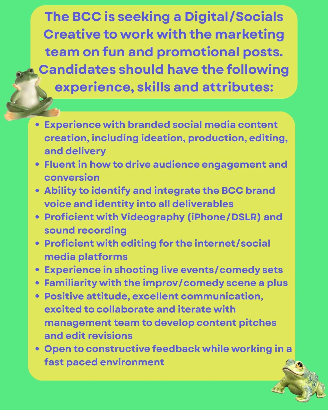 Do you looooove social media?? We&rsquo;re hiring!! Email info@brooklyncc.com with resume, cover letter, and relevant sample content for consideration.
Availability Required: ~20 hours per week, including a minimum of 2 nights (6:30p-9:30p) attending