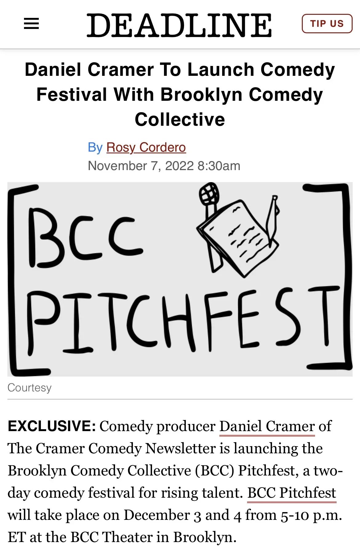Deadline article highlighting BCC Pitchfest and Daniel Cramer's involvement.