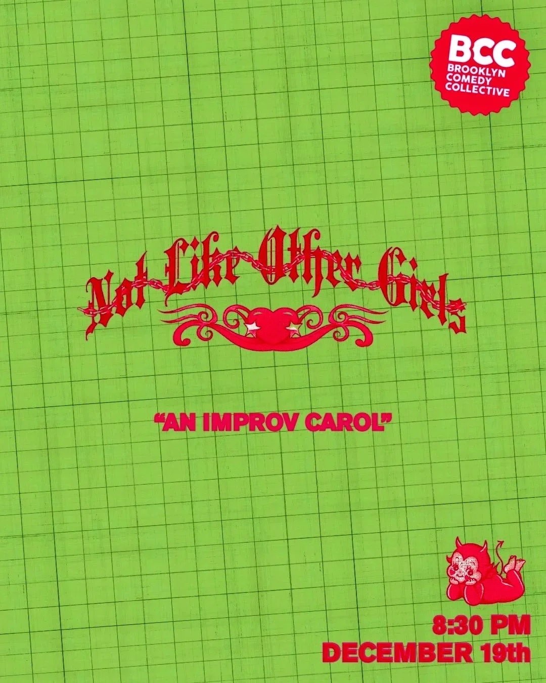 The December show poster for improv team, Not Like Other Girls