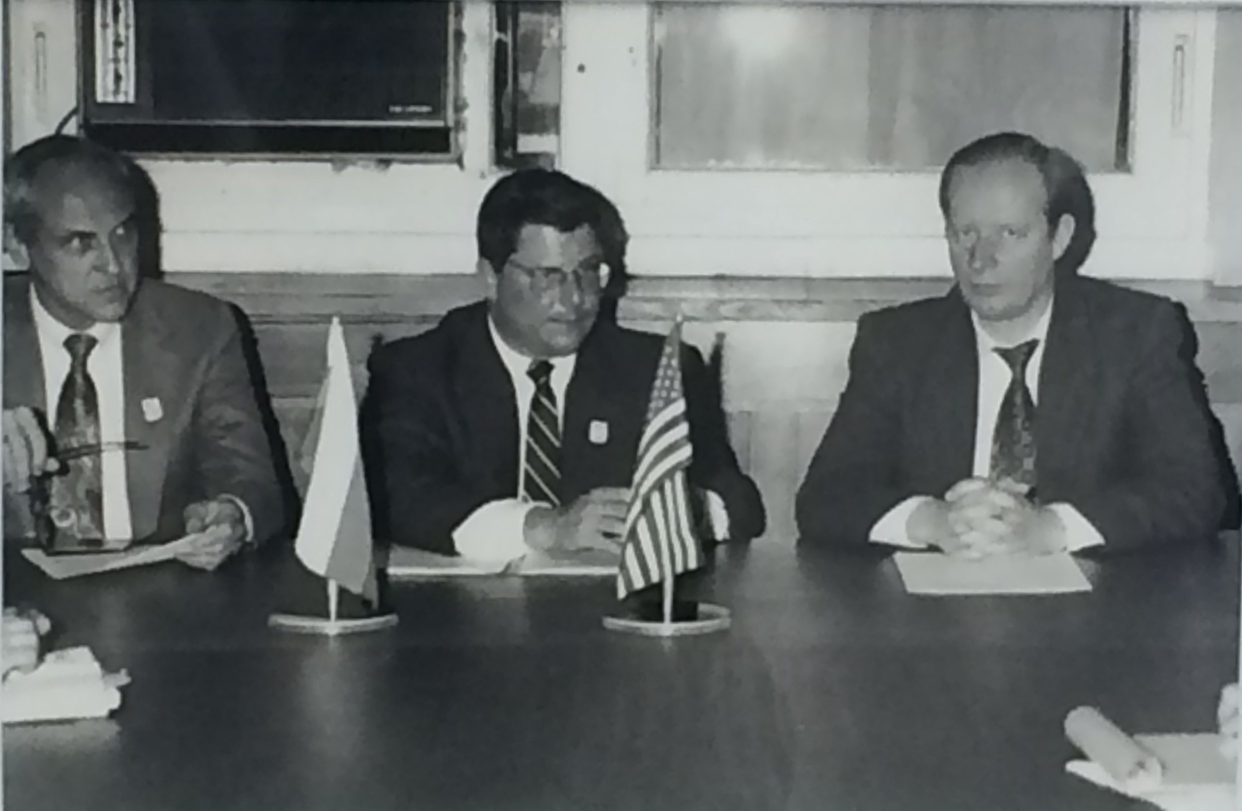  Stanford economist Charles McLure (right) joined Dan Witt (center) and Russian Deputy Finance Minister Sergey Gorbachev (left) to sign the Memorandum of Understanding in Moscow in March 1993. 