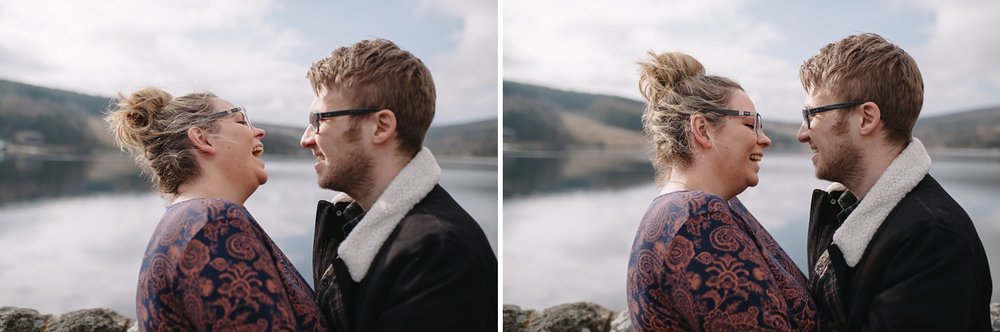 man and woman laughing stood by Eerwood reservoir