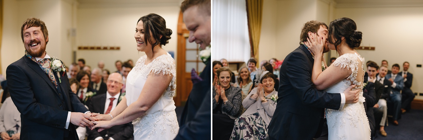 first kiss of bride and groom at Sheffield Town Hall wedding