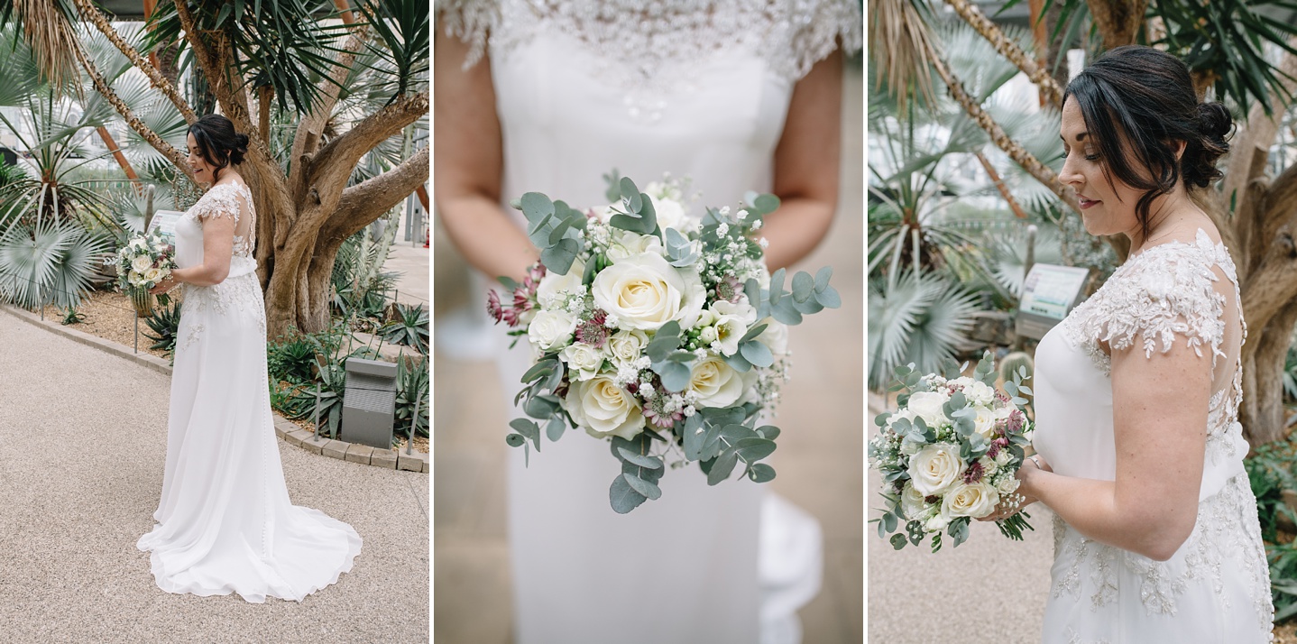 Sheffield wedding photography of beautiful bride and her bouquet stood in Sheffield Winter Gardens