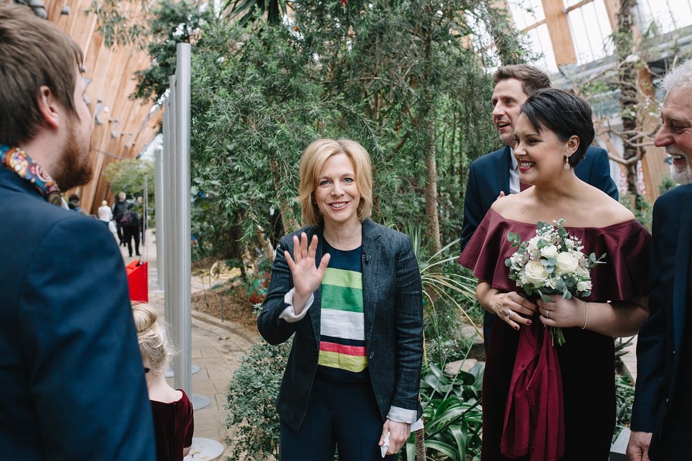 Hazel Irvine saying hello during group photos and waving at the camera