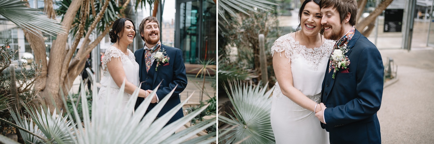 bride and groom laughing in the Winter Gardens Sheffield