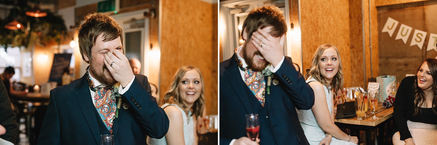 Embarrassed groom with head in hands
