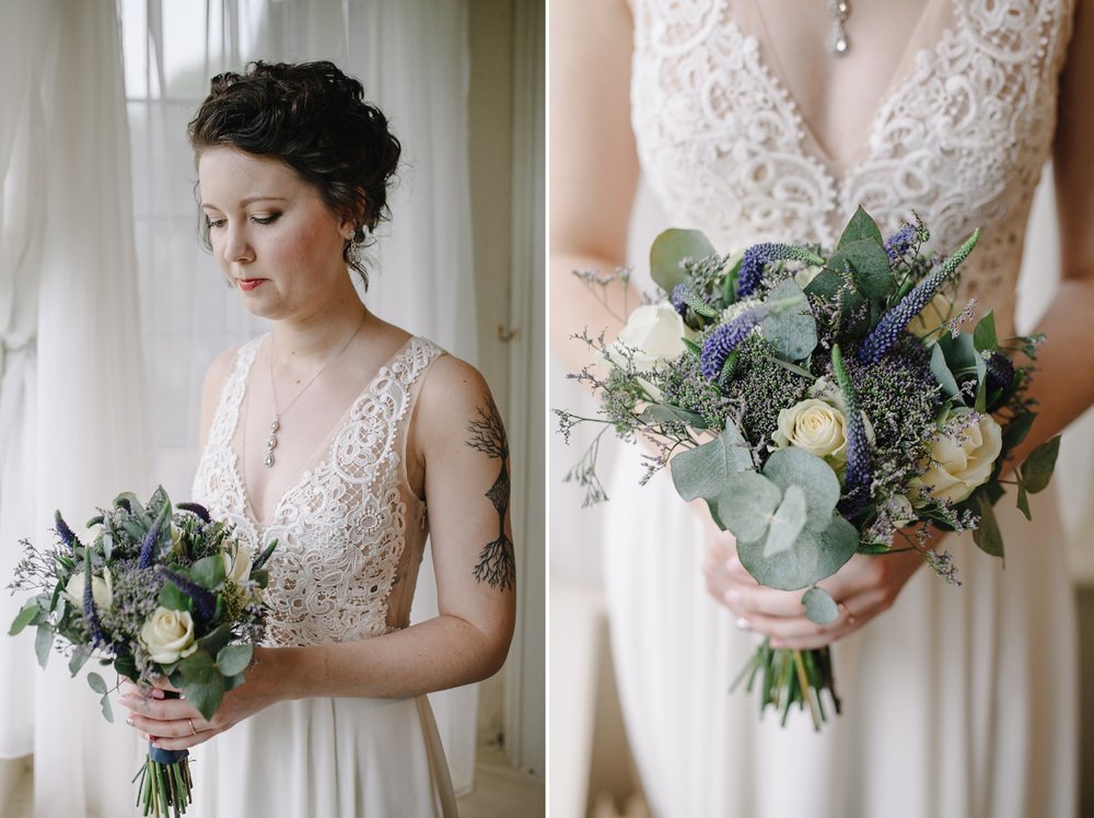 portrait of bride and close up of her bouquet at Whirlowbrook Hall