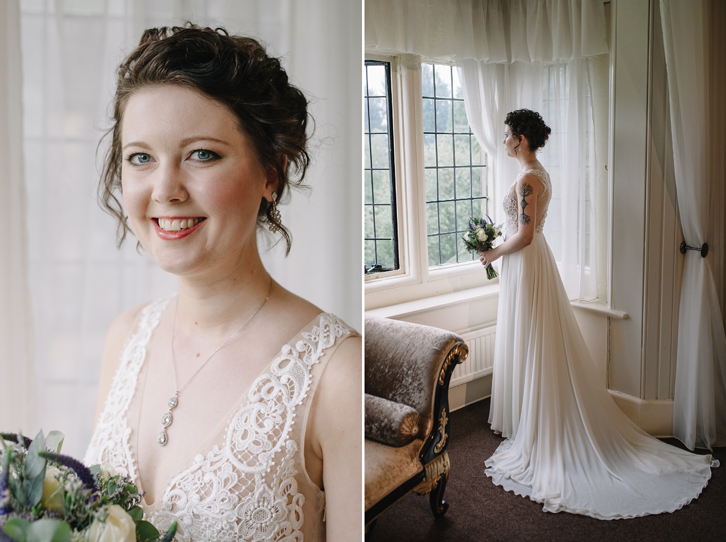 bridal portraits of bride with full length look at her gorgeous lace dress
