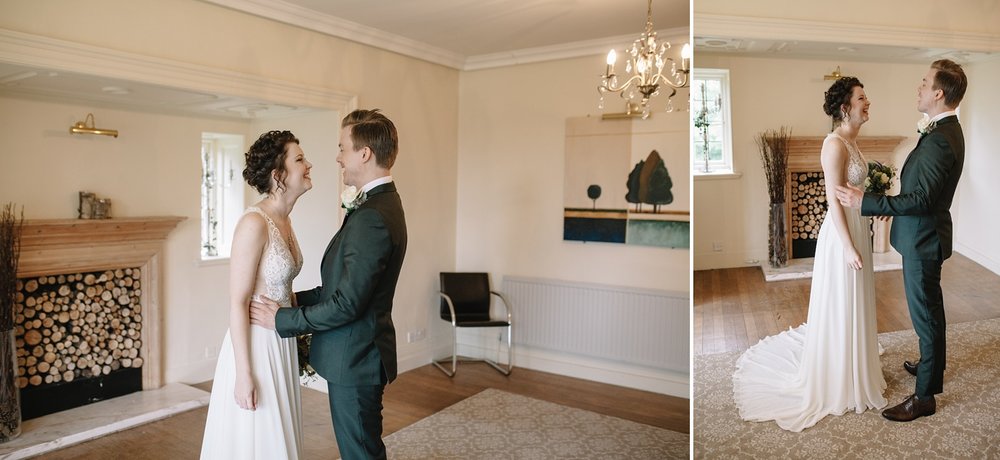 bride and groom smiling at seeing each other for the first time