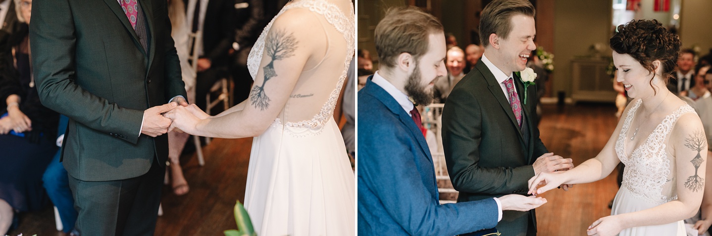 close up of bride and groom exchanging wedding rings