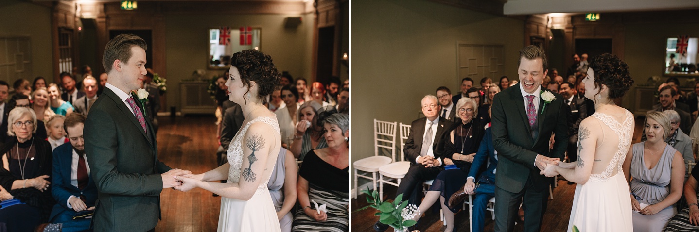 bride and groom laughing after saying "I do" at Whirlowbrook Hall wedding