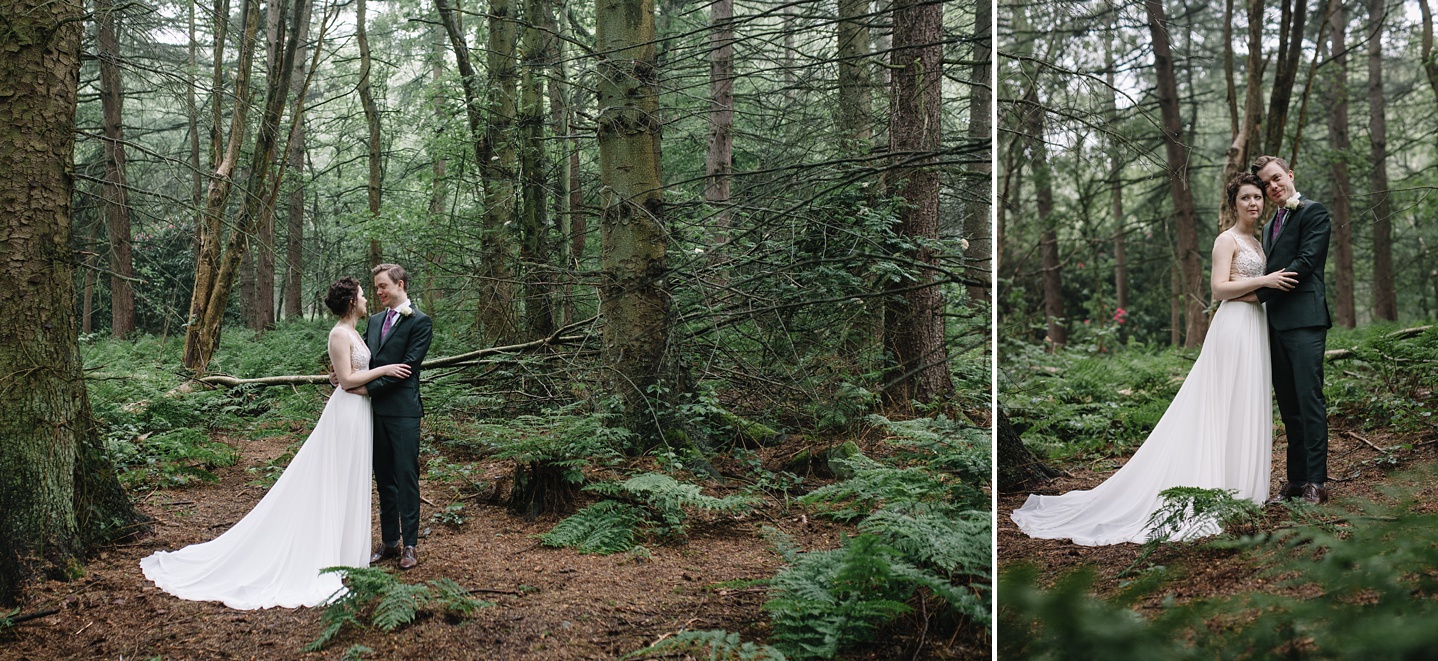 bride and groom stood in the woods at Whirlowbrook Hall