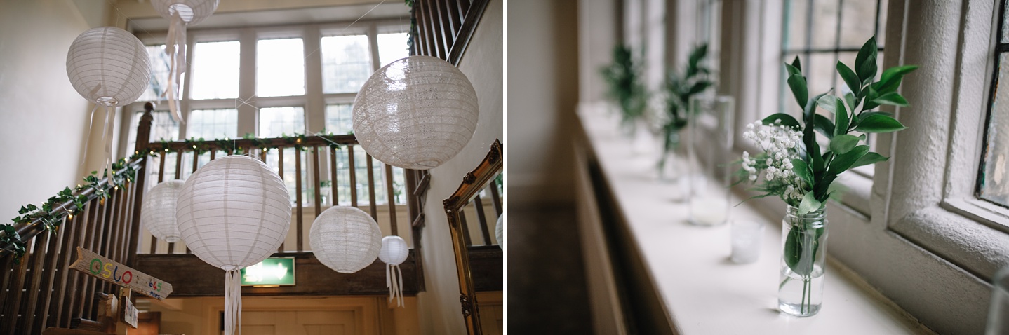 paper lanterns hung from stairs at Whirlowbrook hall 