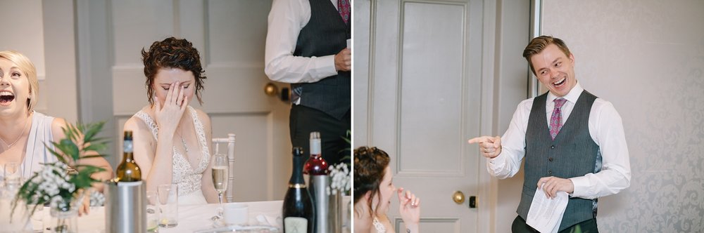 bride with head in hands embarrassed during grooms speech