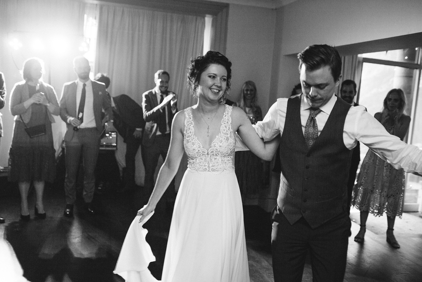 black and white photo of bride and grooms first dance at Whirlowbrook Hall wedding