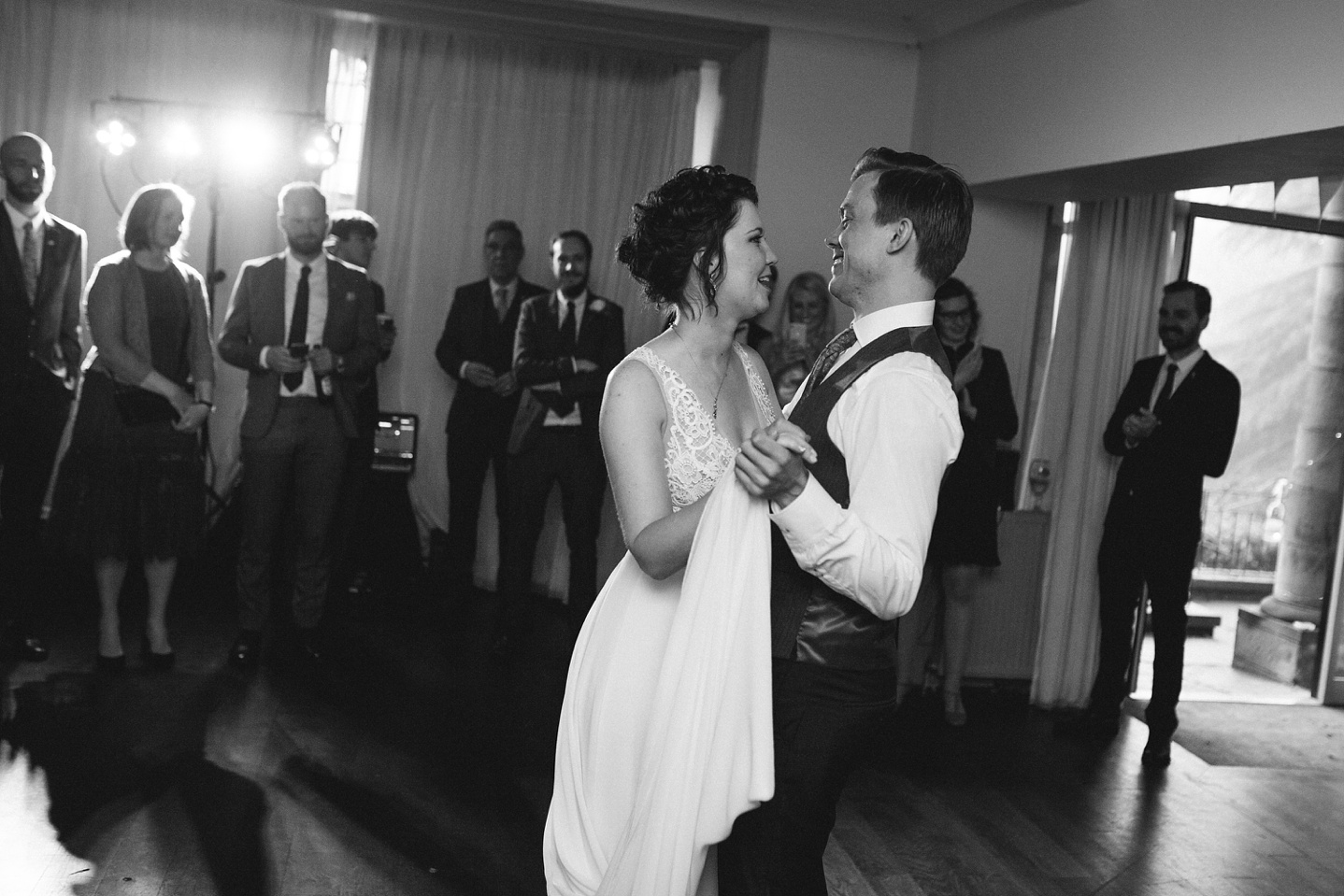 black and white photo of bride and groom during their first dance at Whirlowbrook hall