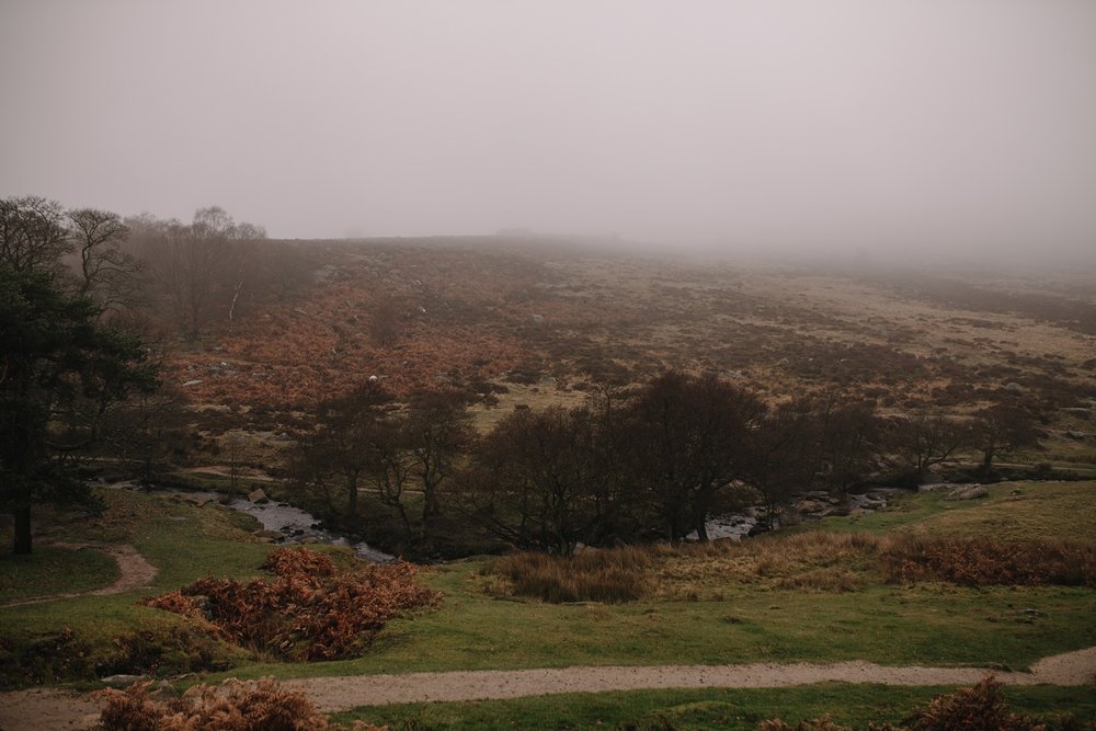 Foggy, autumn landscape of the river at Padley Gorge Sheffield