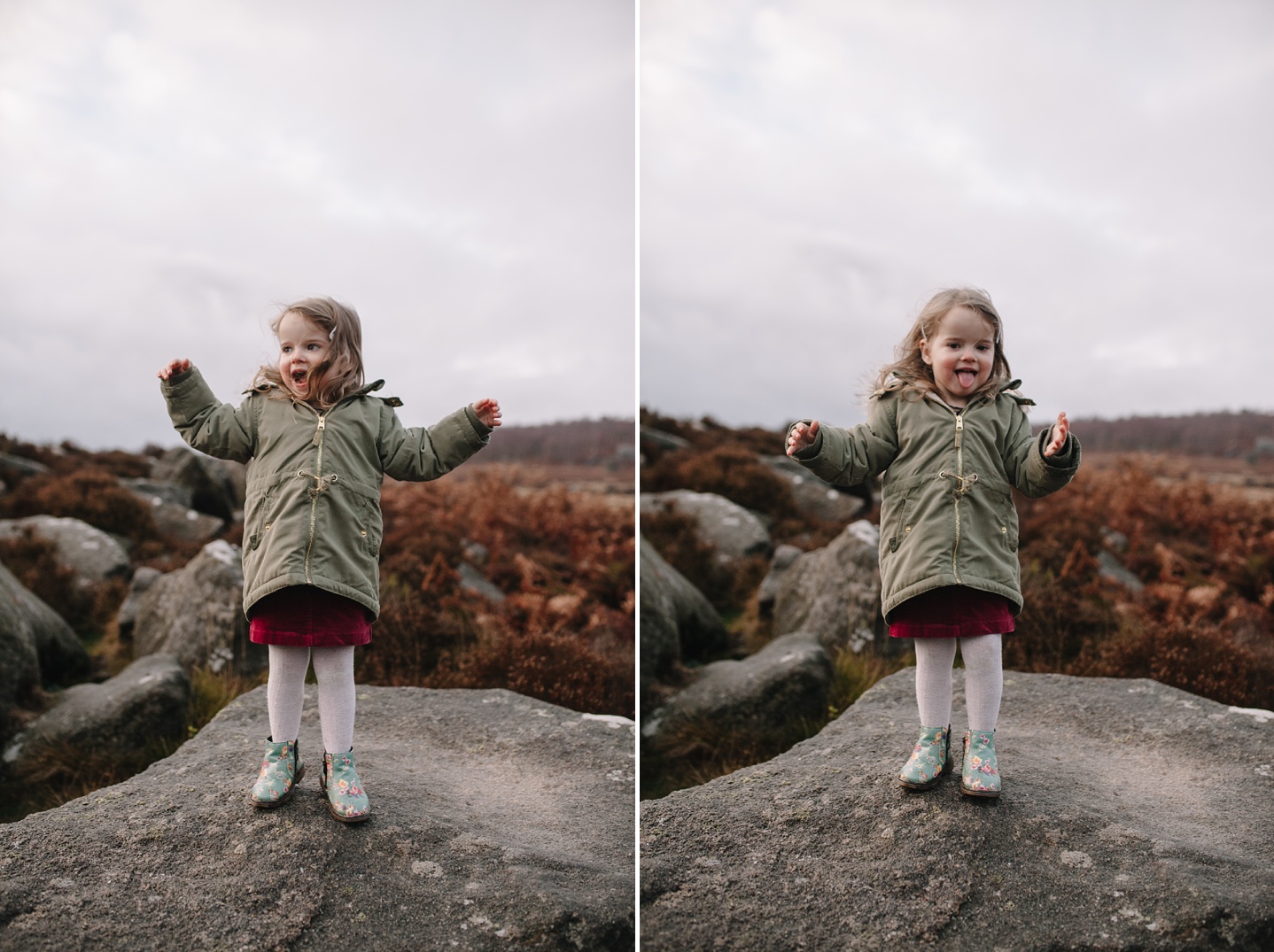 little girl jumping around on a rock smiling and pulling faces