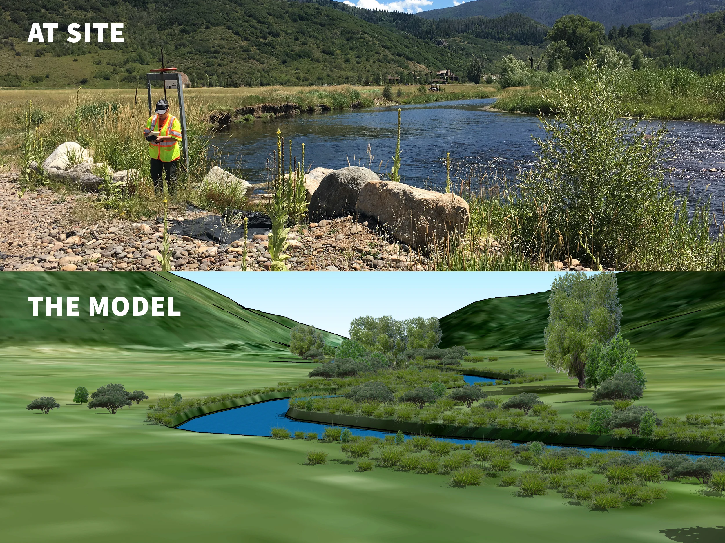 To build the model, in-depth research on water and temperatures on the river was required. Then careful study and analyzation of the property to place trees and shrubs in the model