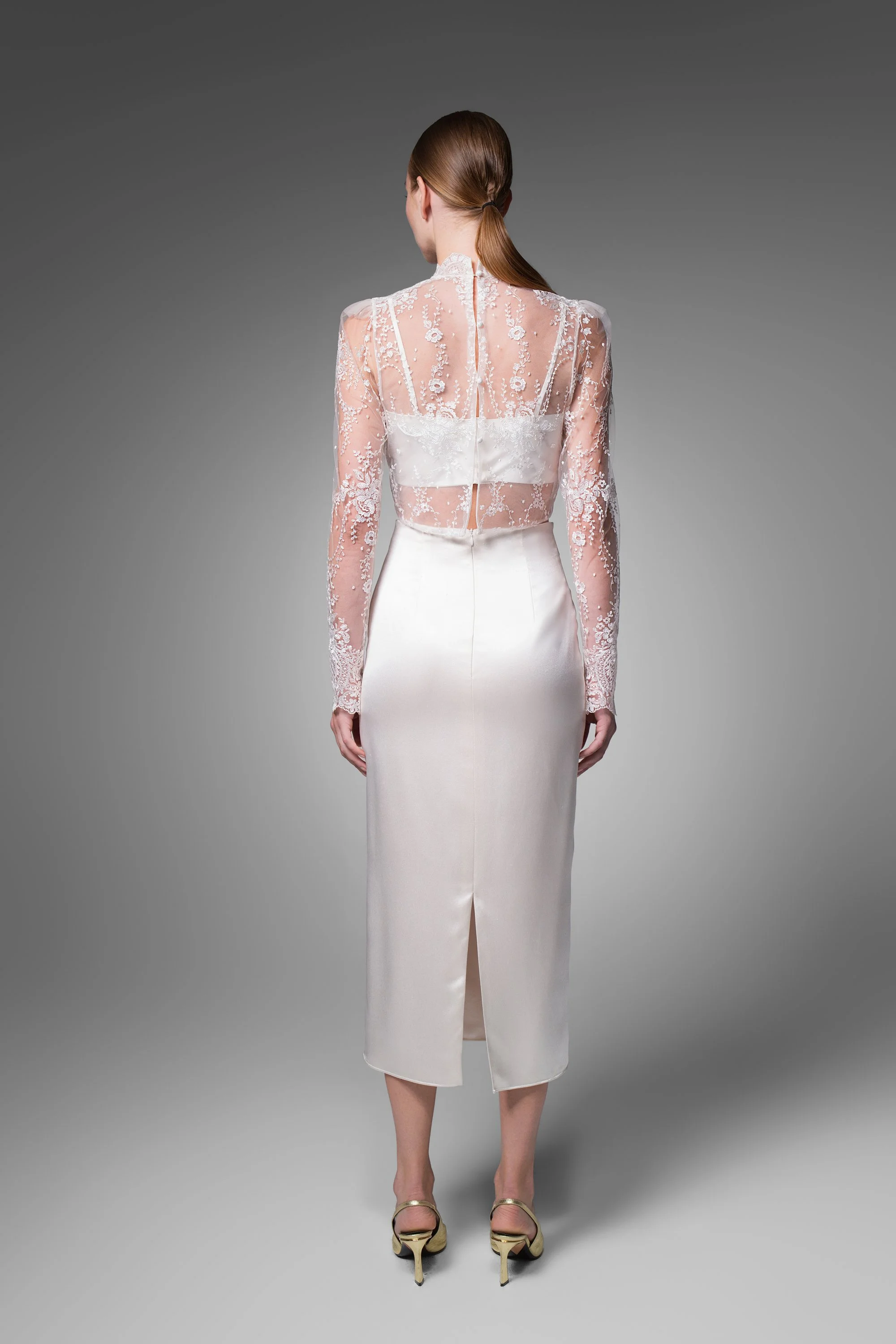 Ines over-piece in French lace, back view, Elizabeth Fillmore Bridal