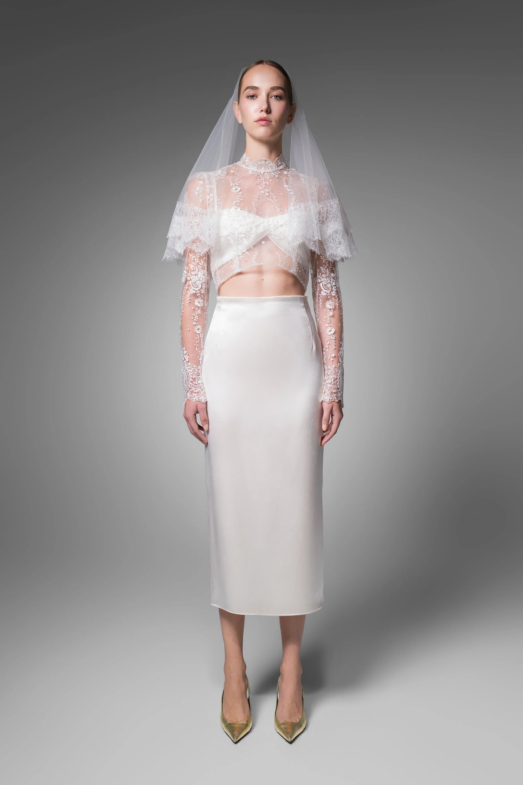 Ines over-piece in French lace, front view with skirt, Elizabeth Fillmore Bridal