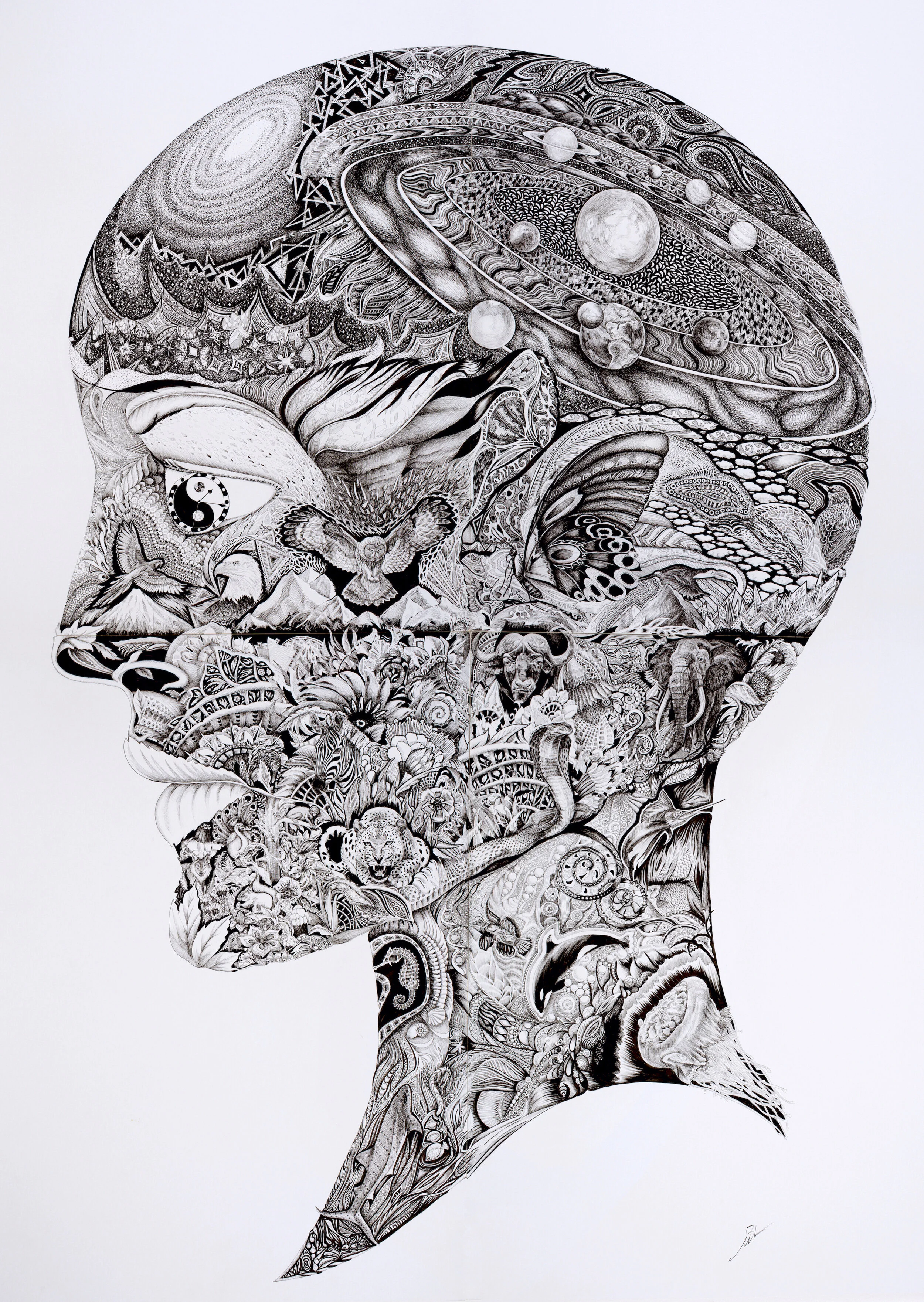  “Mother Nature” was inspired by the beauty and luster of our world.  It was meticulously drawn using black ink on a white board.   The piece  measures 80 inches(203.2cm) in height by 64 inches(162.56 cm) in width.  