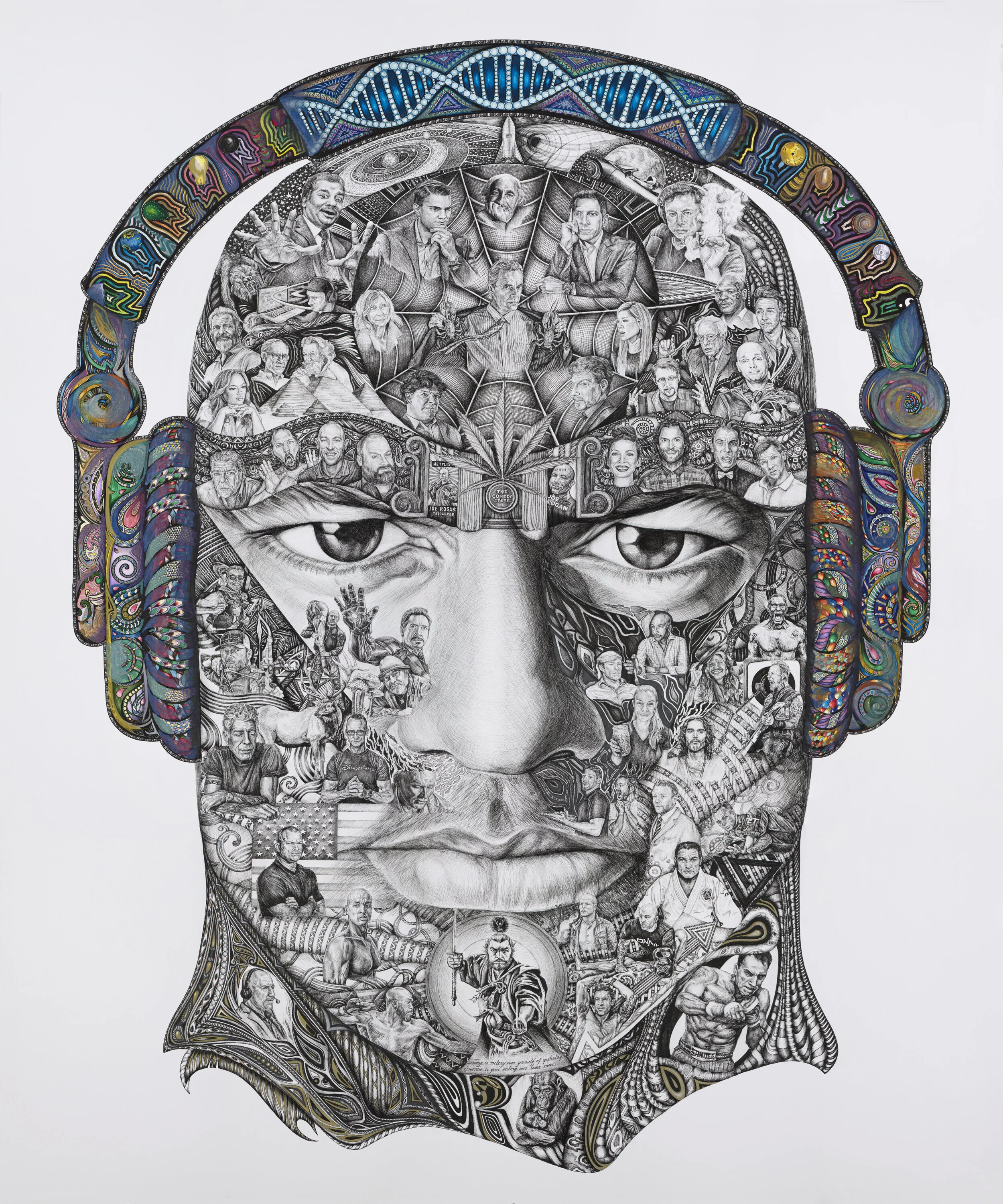  “Not Your Average Joe” was inspired by the Joe Rogan Experience.  It was meticulously drawn using black and colored ink on a white board.   The piece  measures 74 inches(188cm) in height by 60 inches(152.4 cm) in width.  