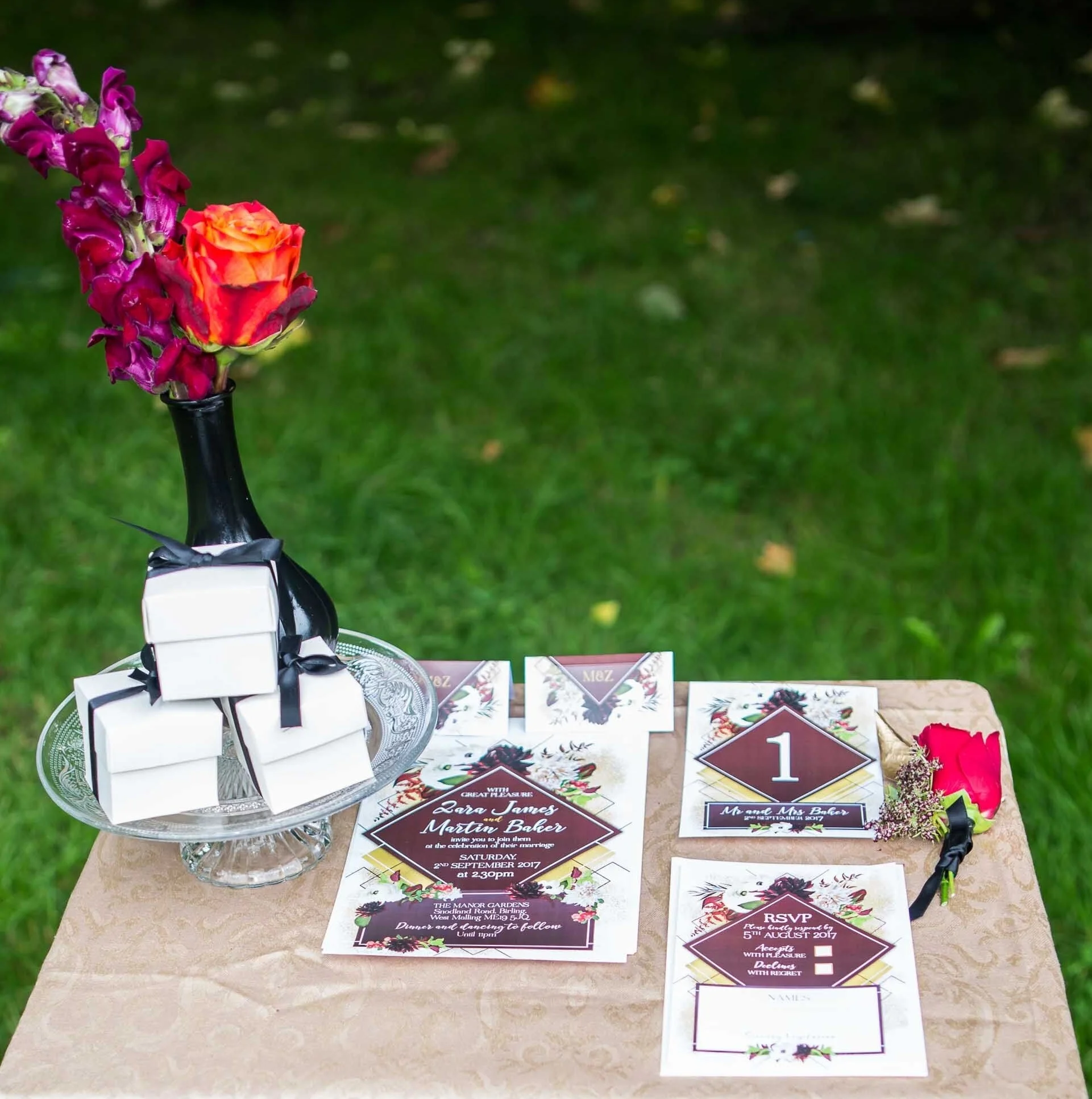 Wedding guest favors styled with invitation suite