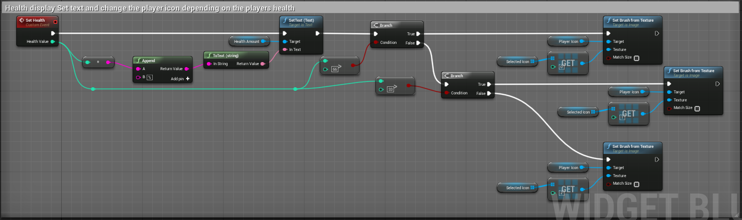 Fig 25 - Setting the health text on the heads up display based on the players health and changing the player icon