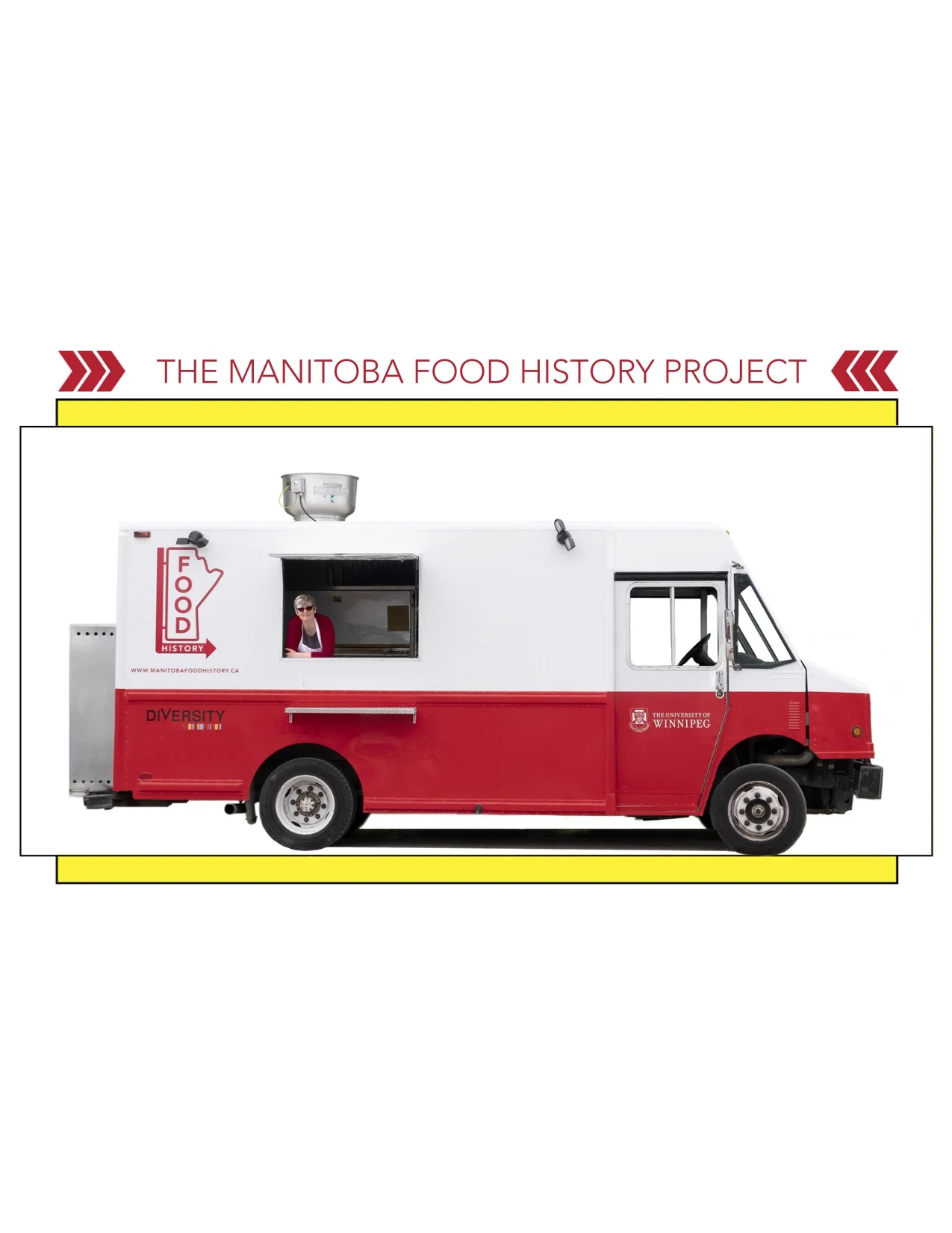 Janis Thiessen inside the Manitoba Food History Truck. Photo and design by Kimberley Moore.