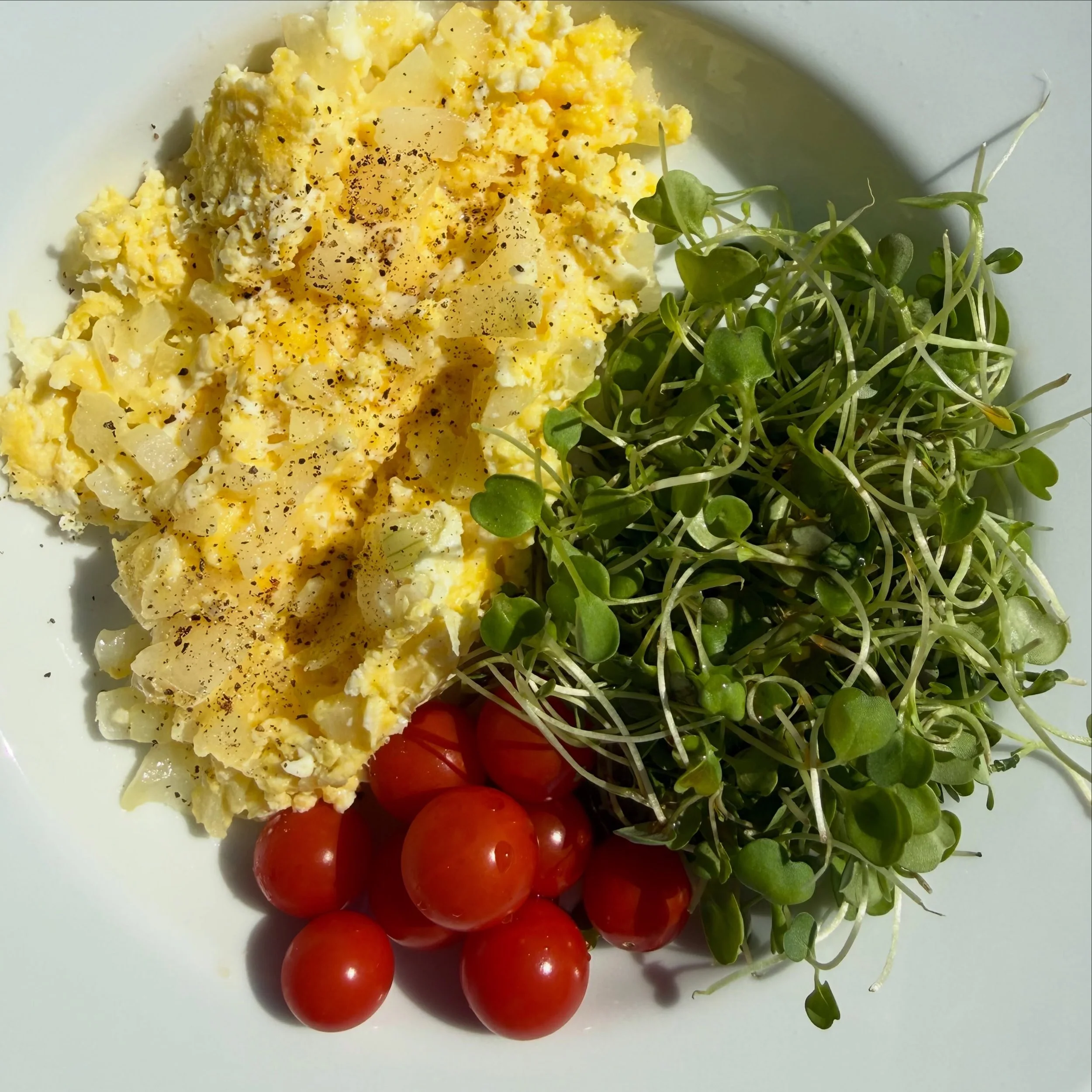 Sometimes I cook. Two eggs lightly scrambled with saut&eacute;ed Vidalia onion and parmigiano reggiano, baby arugula with sherry vinegar, cherry tomatoes. All from @redrivercooperative @delucaswpg @stleongardens @frescolio  and my garden.