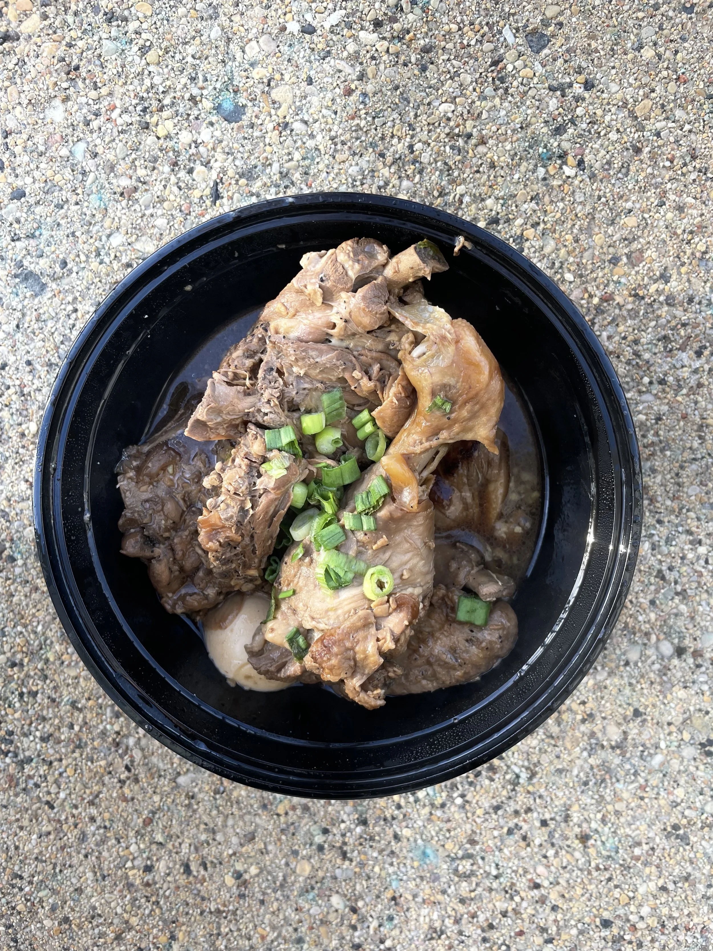 chicken and green onions in a black plastic bowl resting on cement