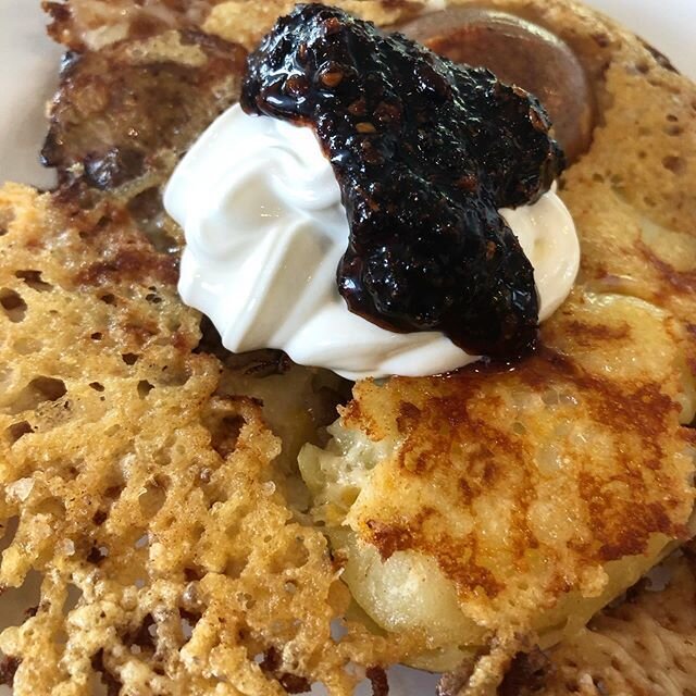 Parmesan-Potato Crisp with Sour Cream and Sichuan Chili Crisp @flybyjing Quite tasty, #umamibomb