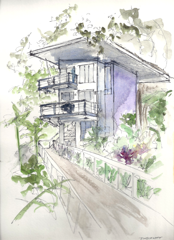 Watercolor/ink sketch of the Jungle Loft in Manuel Antonio, Costa Rica.