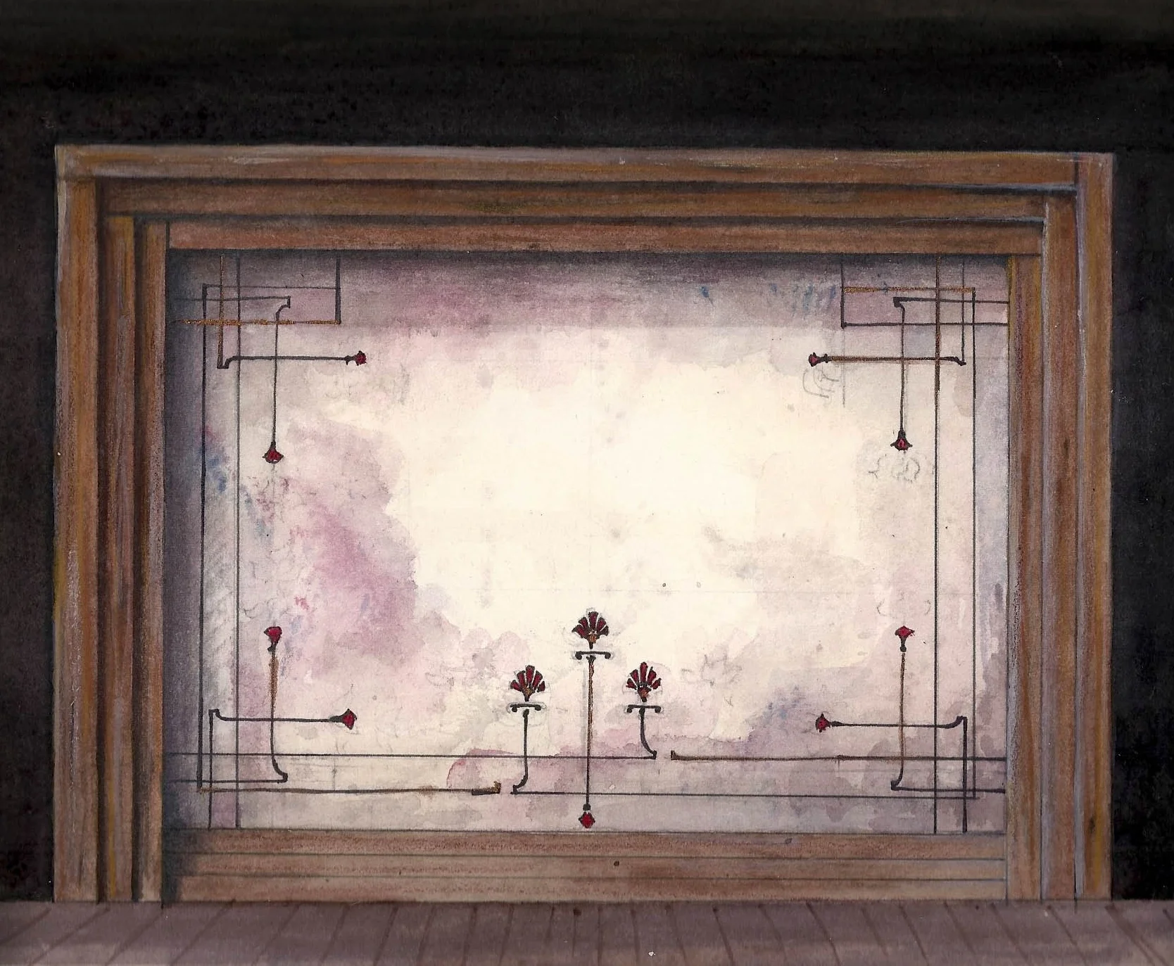 Watercolor rendering of painted scrim and false proscenium.