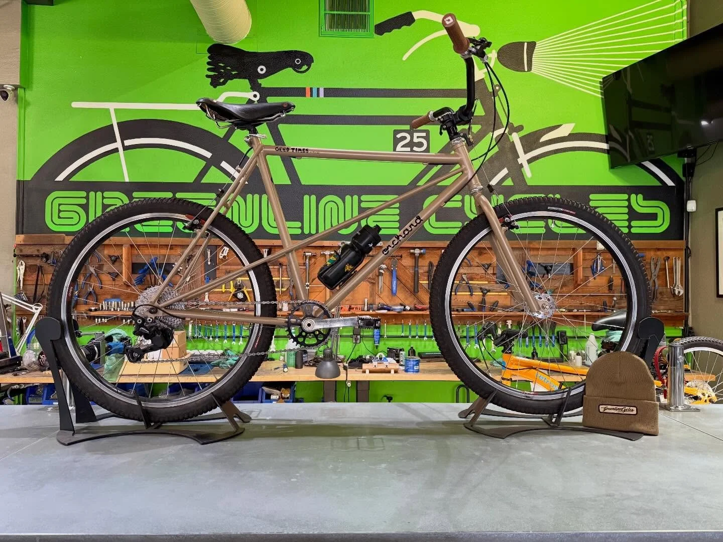 Featured Bike of the Month at Greenline. This bike belongs to @artistmrblack He won this bike at last years @good__times__crew Cruiser Classic last year in the raffle. It is a beautiful @orchardbicycle model inspired by Joe Breeze&rsquo;s first Mt Bi