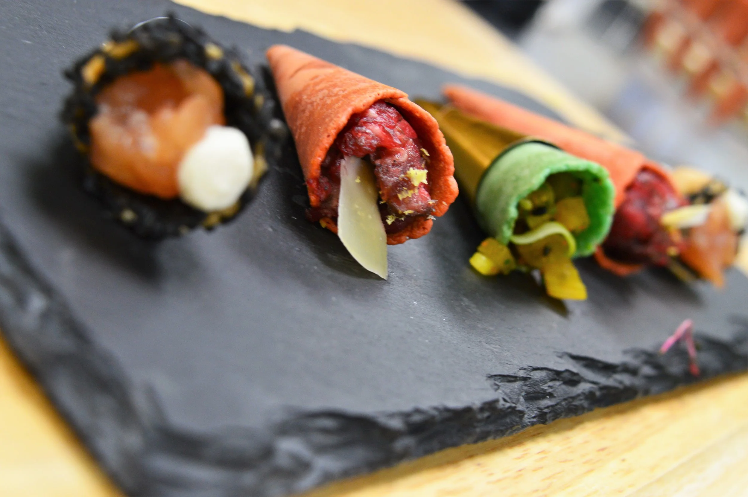 Savory Cones Station Salmon Tartare Golden Beet Poke Seared Wagyu Beef Tartare.jpg