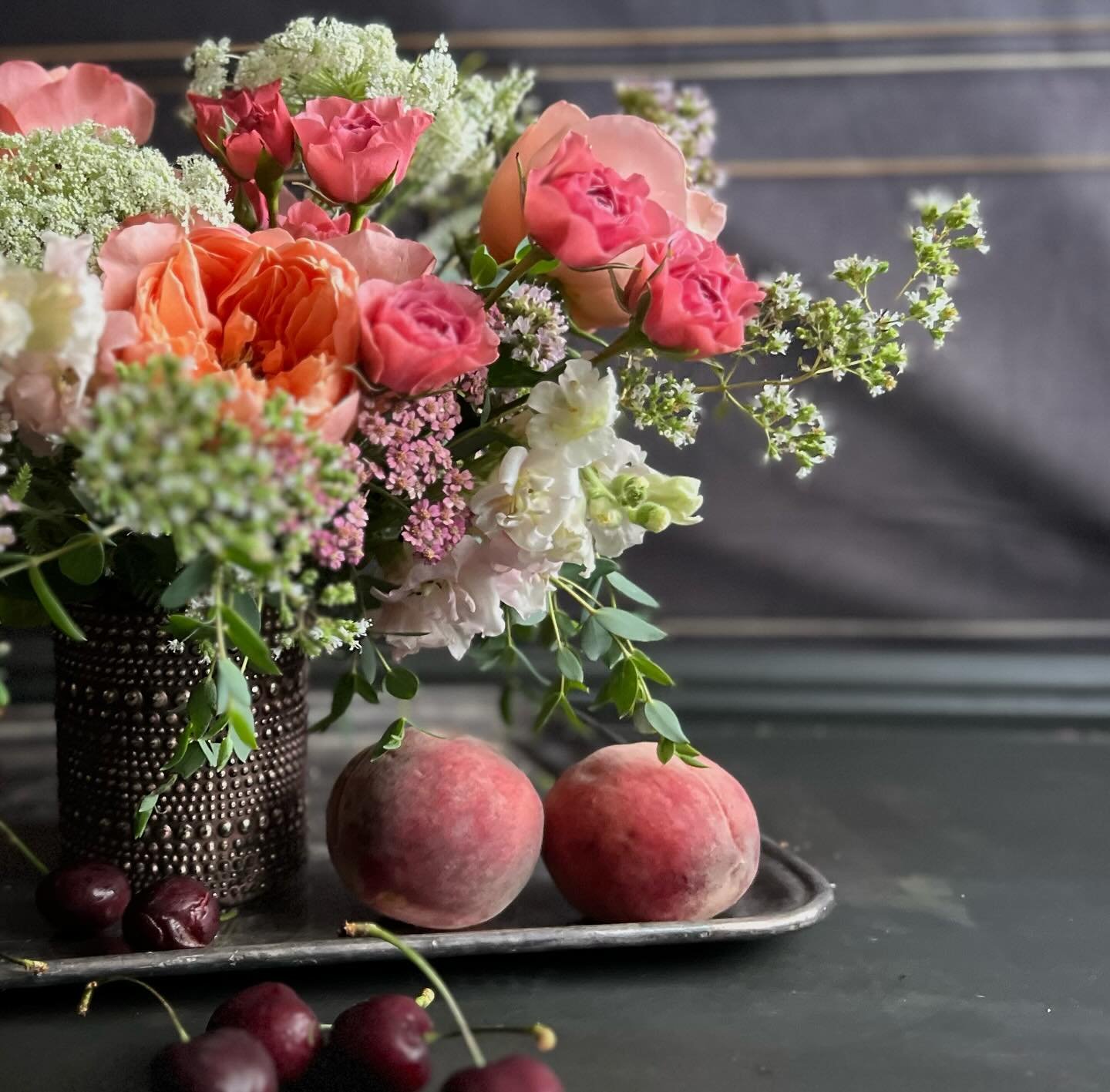 Inspired by white peaches ::: this bouquet is meant to morph to a stunning statement centerpiece for a sweetheart table. Local peaches and cherries went with the delivery and I hope this How To photo inspired the client! 

We&rsquo;re seeing more and