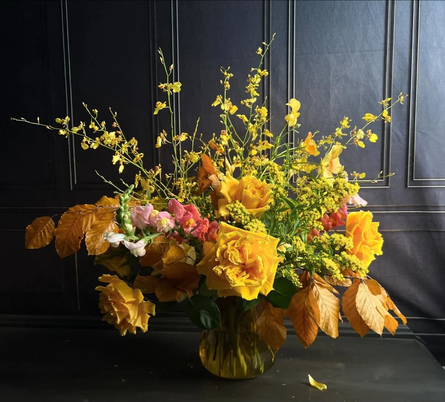 More drama for the dining room &mdash; I adore mixing &lsquo;high&rsquo; and &lsquo;low&rsquo; blooms.  In this case oncidium orchids and golden garden roses with solidago and glycerinized beech leaves.  @Carr&rsquo;s Hill @uva #artsonthehill