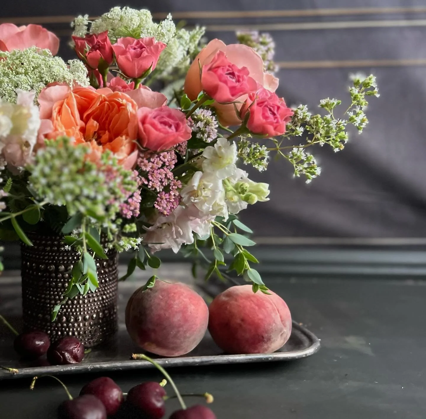 Inspired by white peaches ::: this bouquet is meant to morph to a stunning statement centerpiece for a sweetheart table. Local peaches and cherries went with the delivery and I hope this How To photo inspired the client! 

We&rsquo;re seeing more and