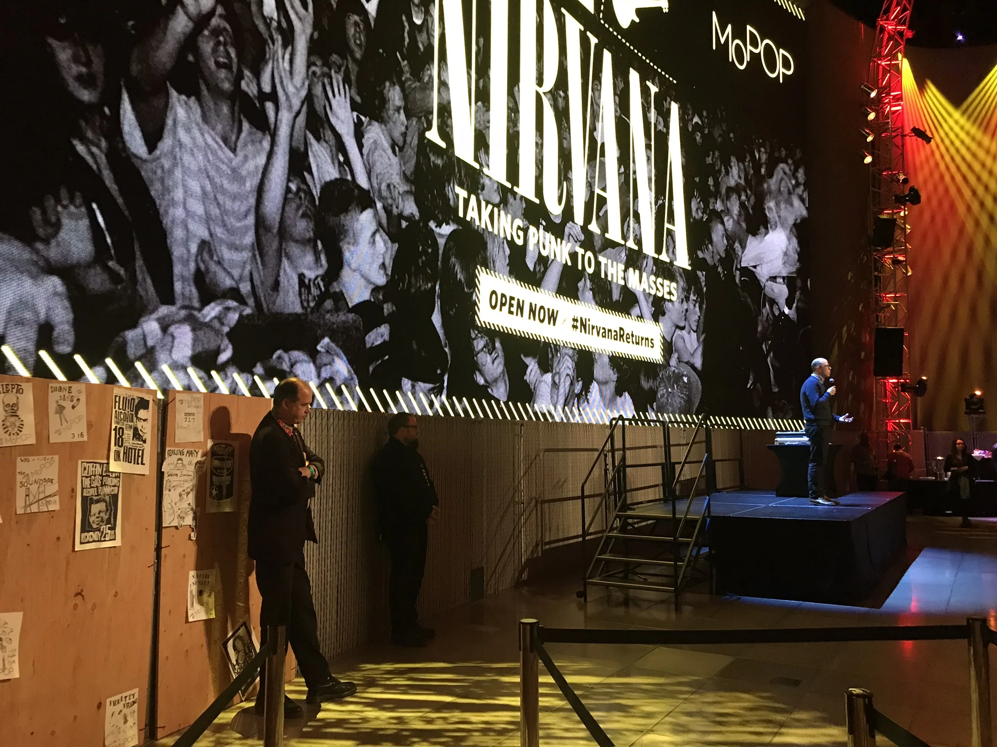 MoPOP Senior Curator Jacob McMurray introduces Krist Novoselic during the exhibit re-opening celebration.