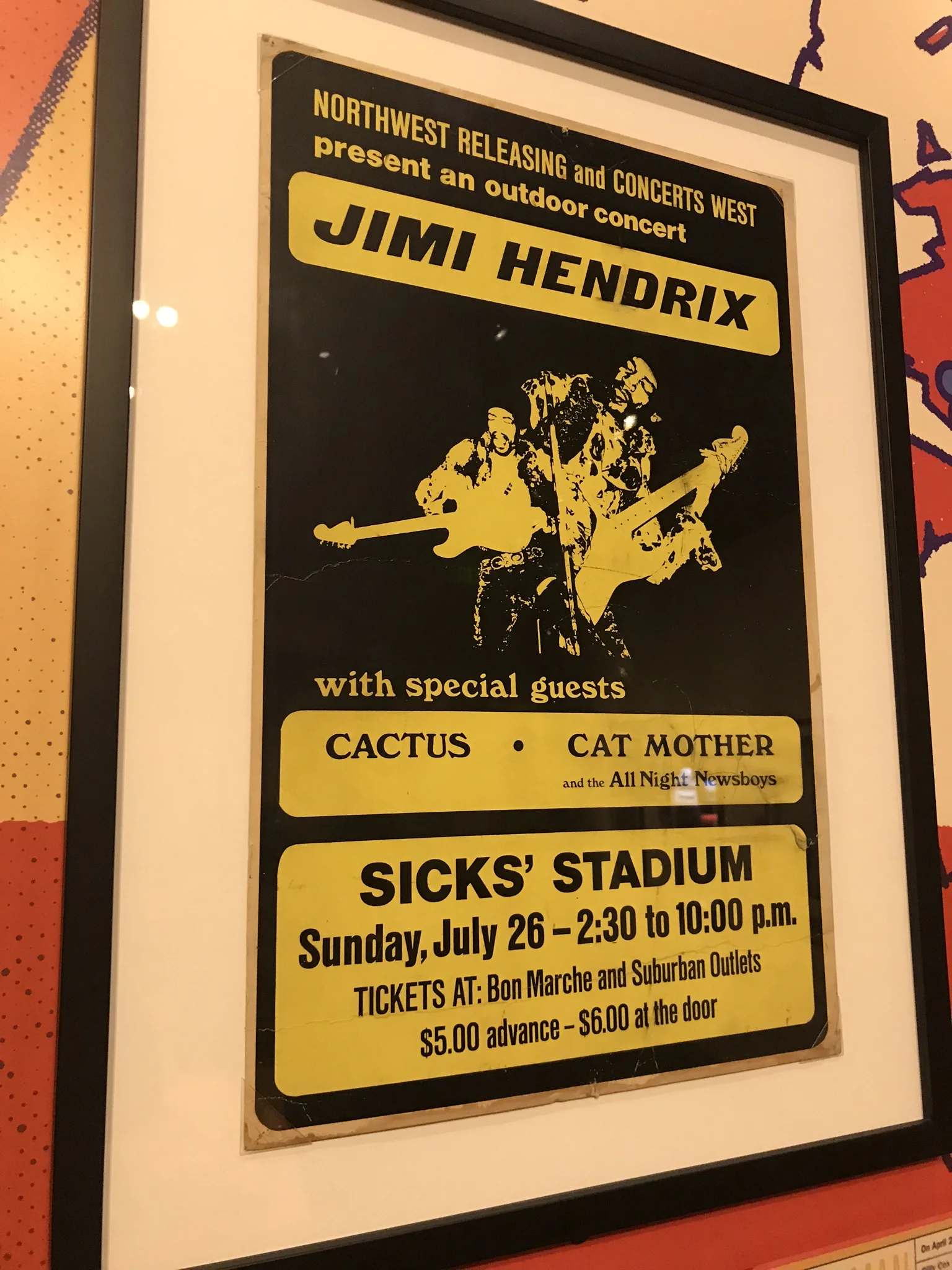 The concert flyer for the last show Jimi Hendrix played in the continental U.S.. Hendrix died on September 18th of that same year (1970), and was buried in Renton, WA.