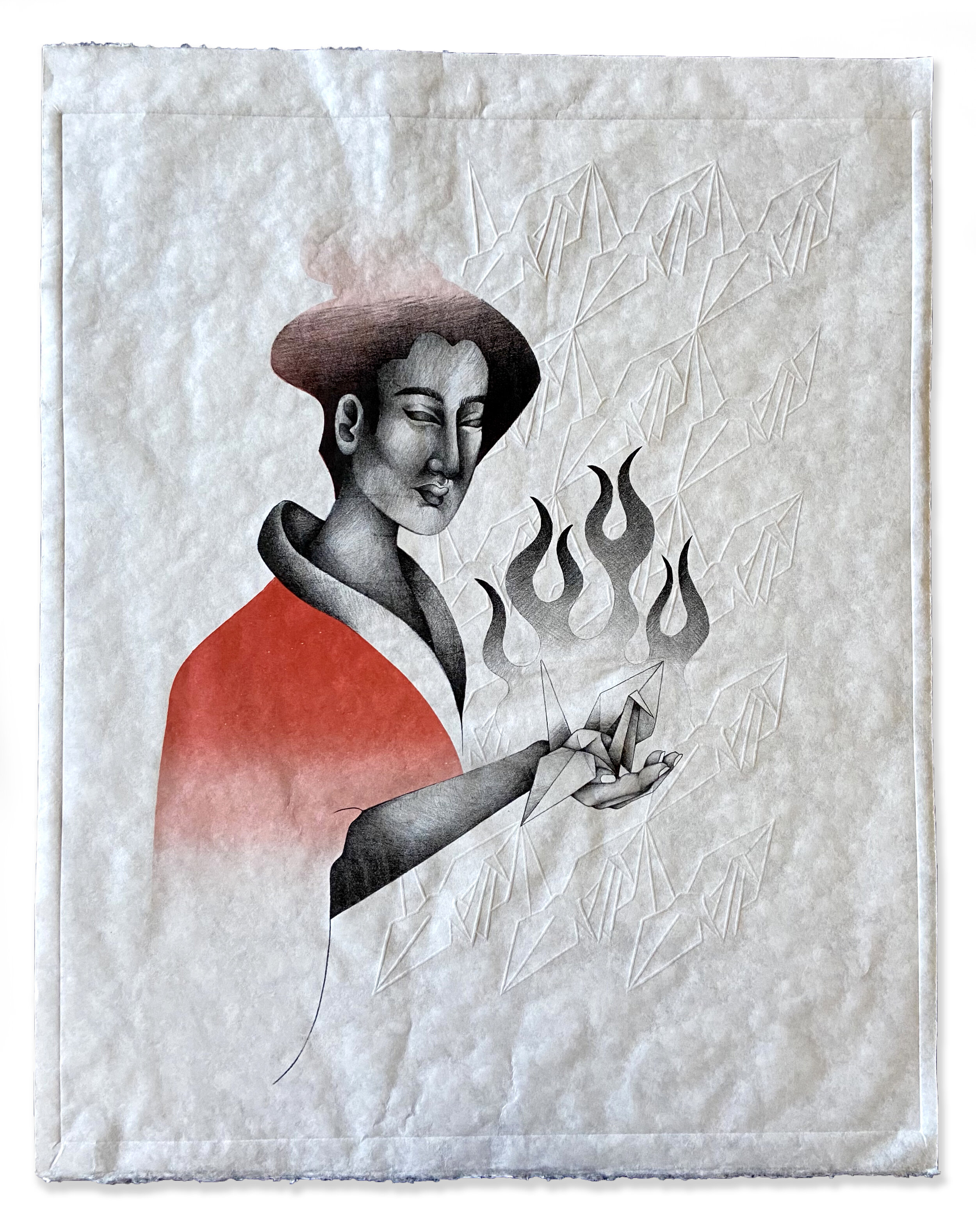 Burn VE, Japanese Mulberry paper, 21X28, Lithography and Screenprint, 2021 