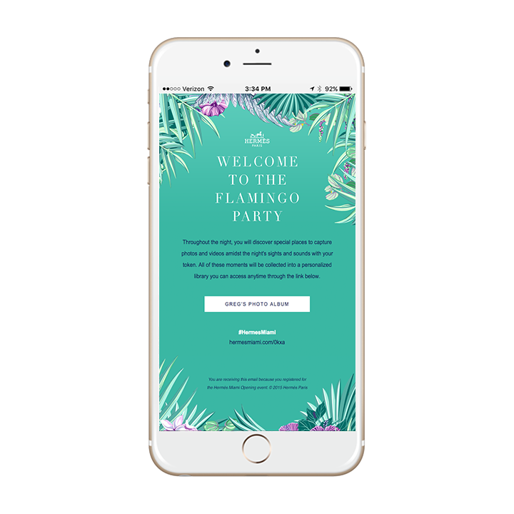 Welcome email at the Flamingo Party, by Hermès