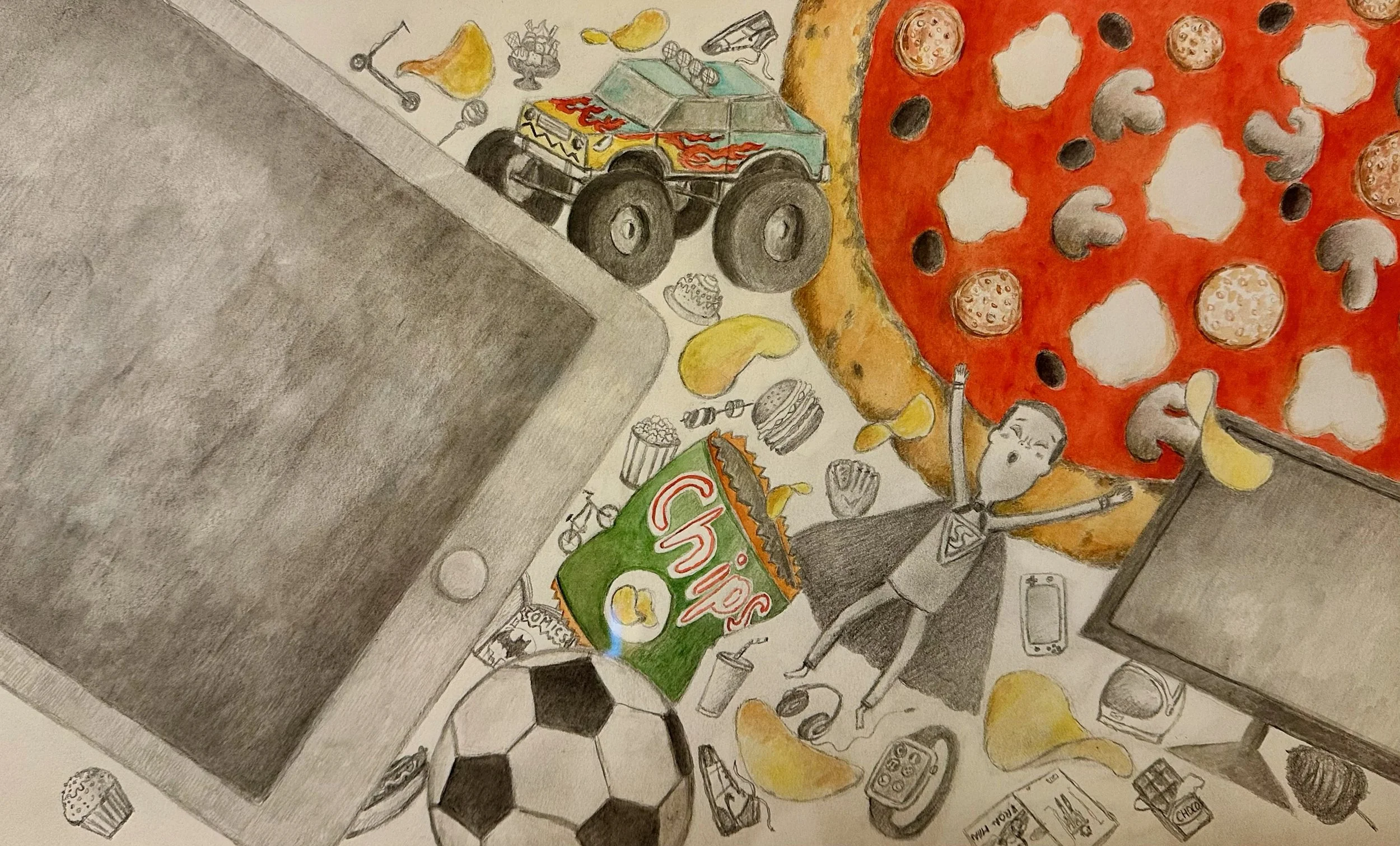 Tiny boy in cape laying on huge pizza, with chips, ipad, truck, toys, junk food flung about.