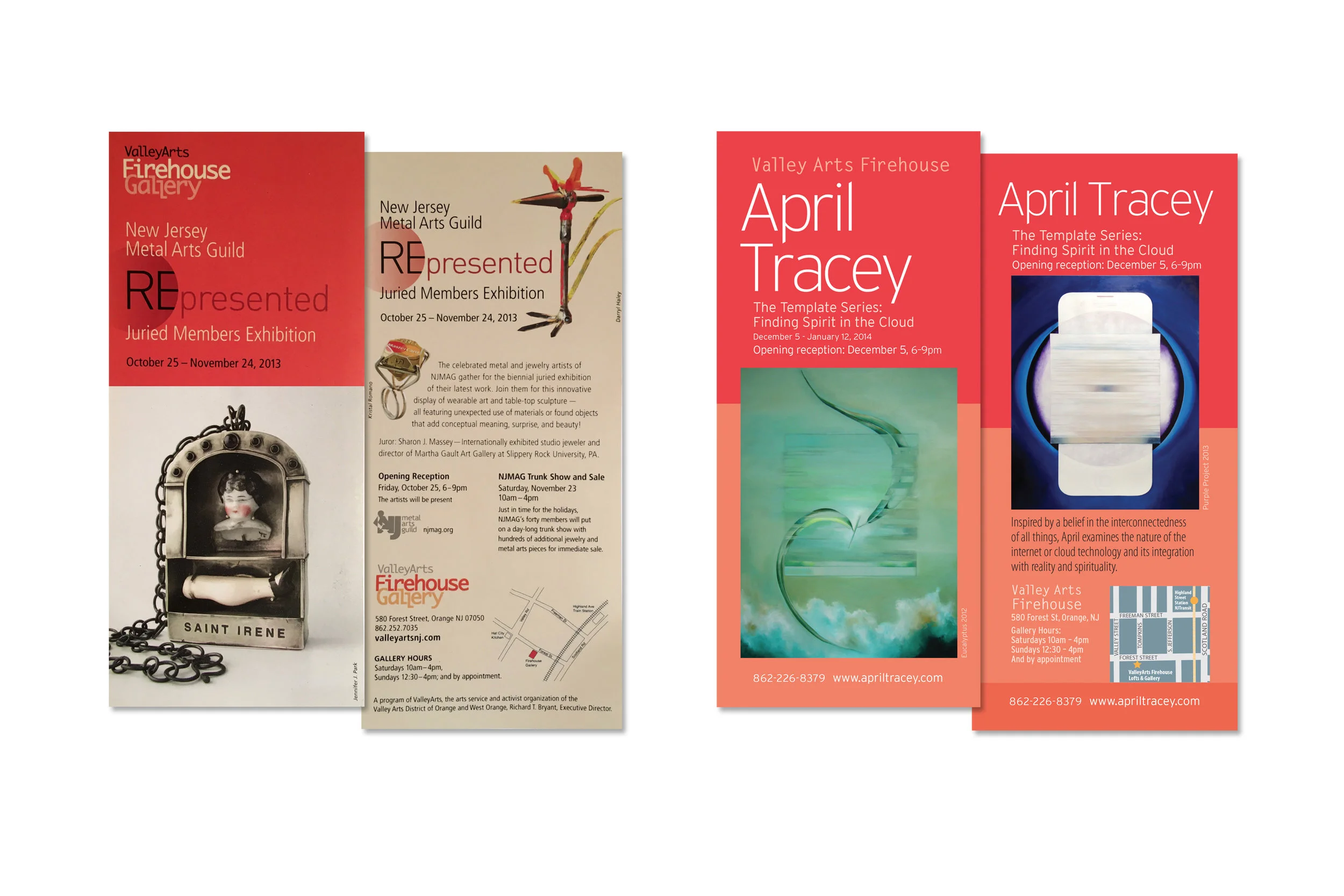  Exhibition postcards for New Jersey Metal Arts Guild juried exhibition and solo exhibition for artist April Tracey. 