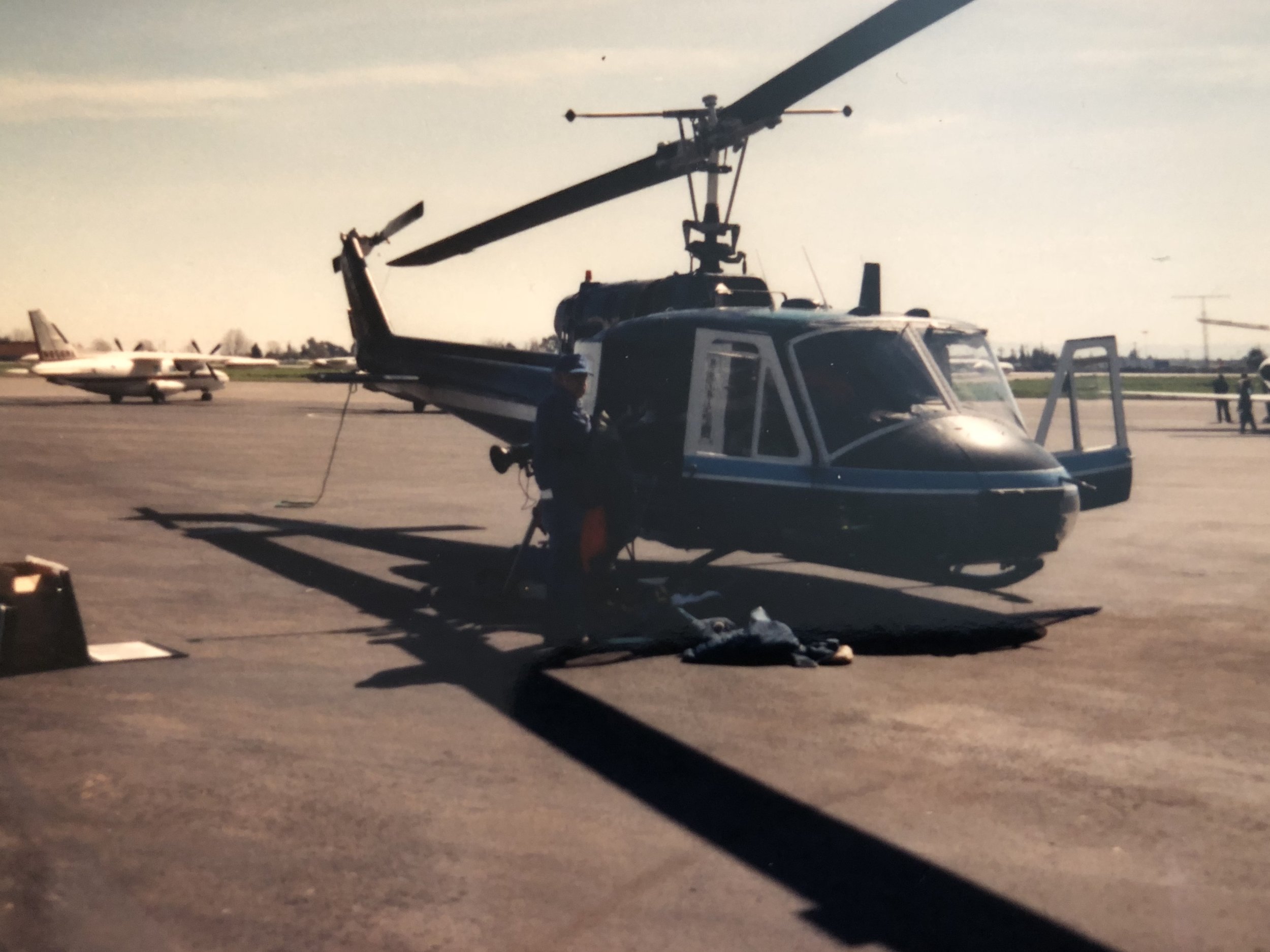 This is the Huey we use for our first aerial HD shoot. You can see the camera sticking out the side door